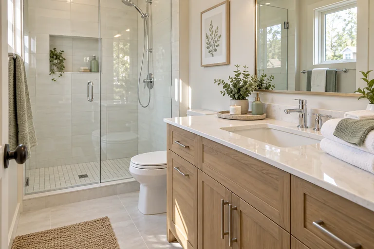 Clear shower glass, chrome fixtures and a tidy bathroom vanity