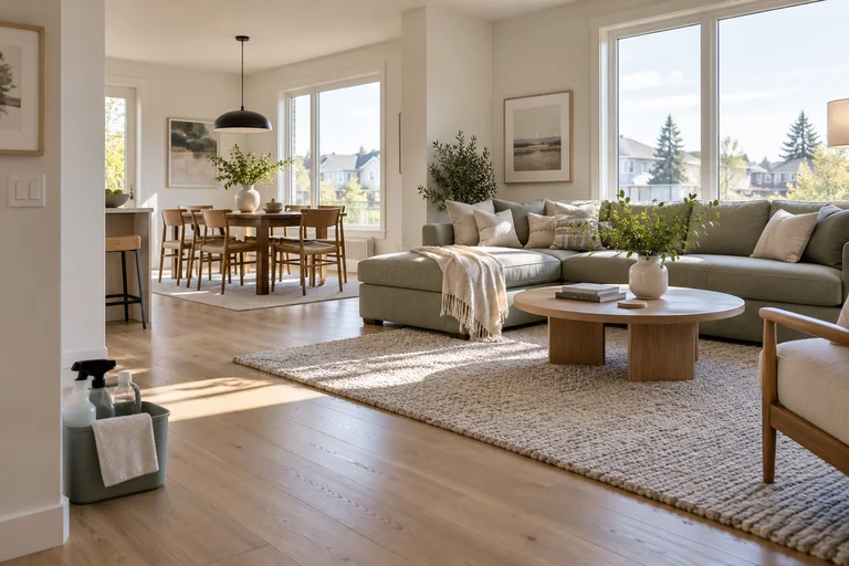Sunlit living and dining room with oak floors, sage upholstery and a tidy cleaning caddy