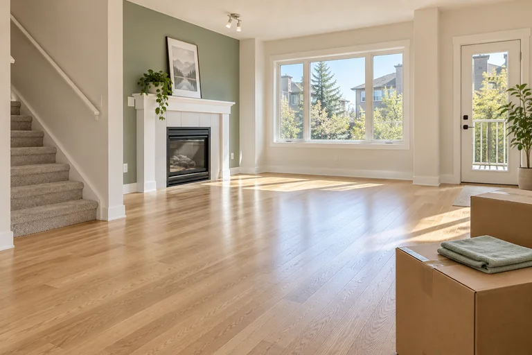 Empty clean townhouse living room with moving boxes at the edge