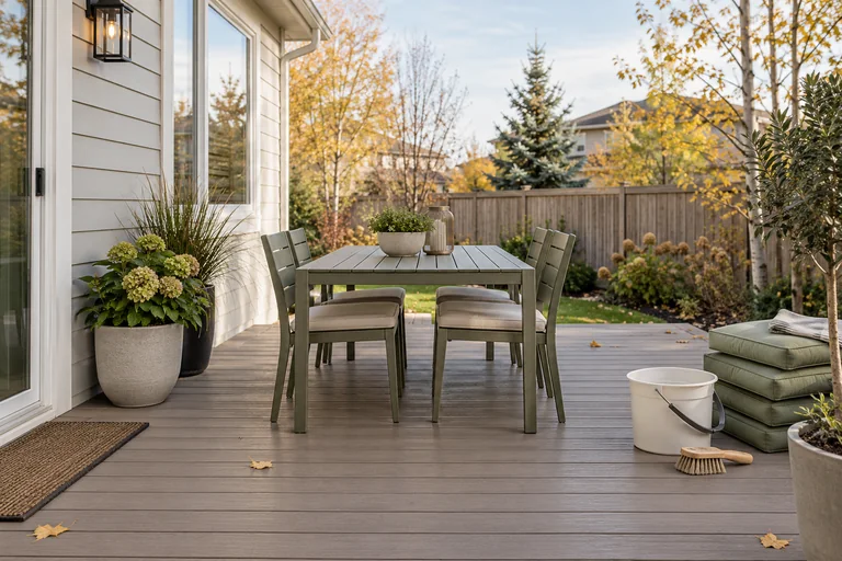 Tidy composite patio, outdoor table and a bucket set aside