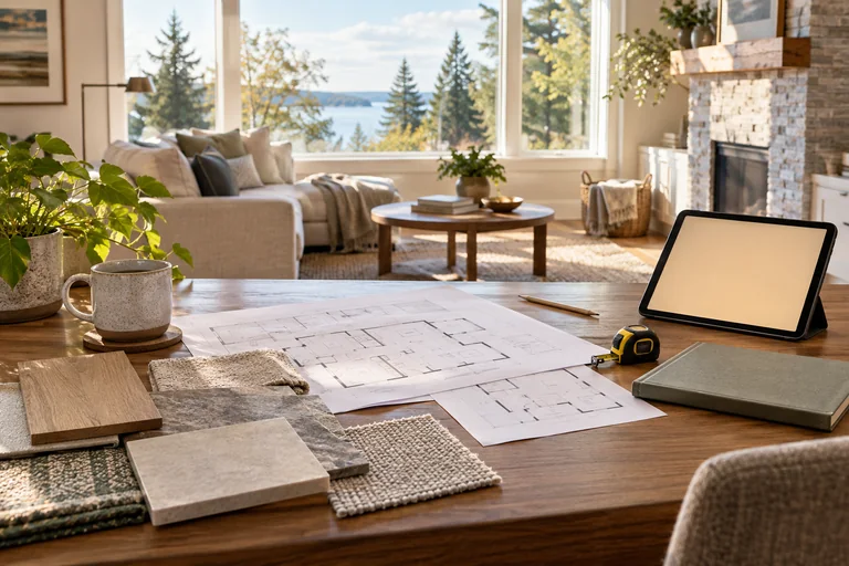 Home planning materials arranged on a table