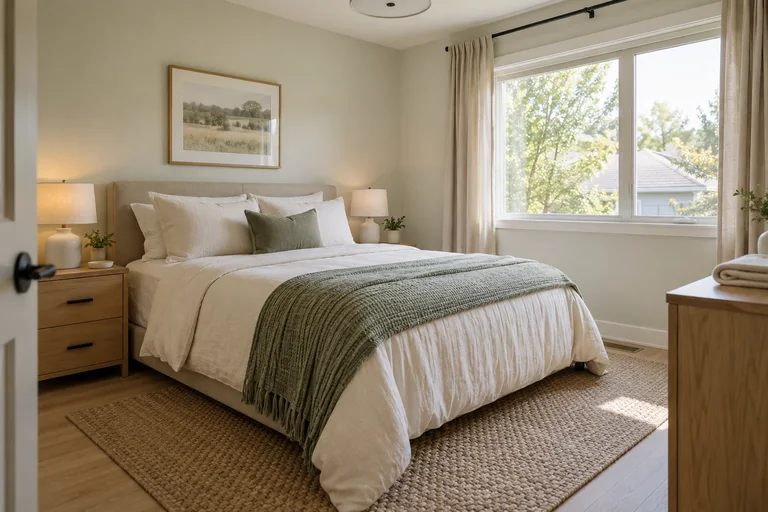 Neatly made linen bed and clean floor in a bright residential bedroom
