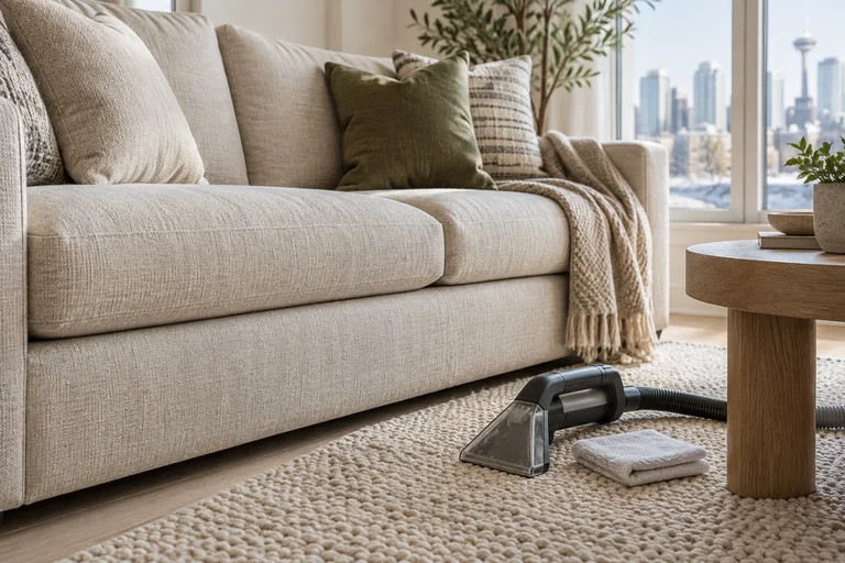 Textured cream sofa and wool rug beside an upholstery tool