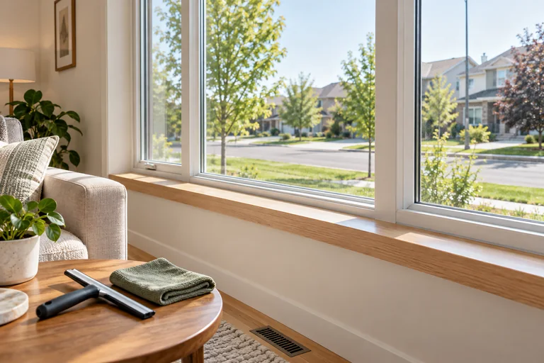 Clear residential window glass, oak sill and a squeegee on a low table